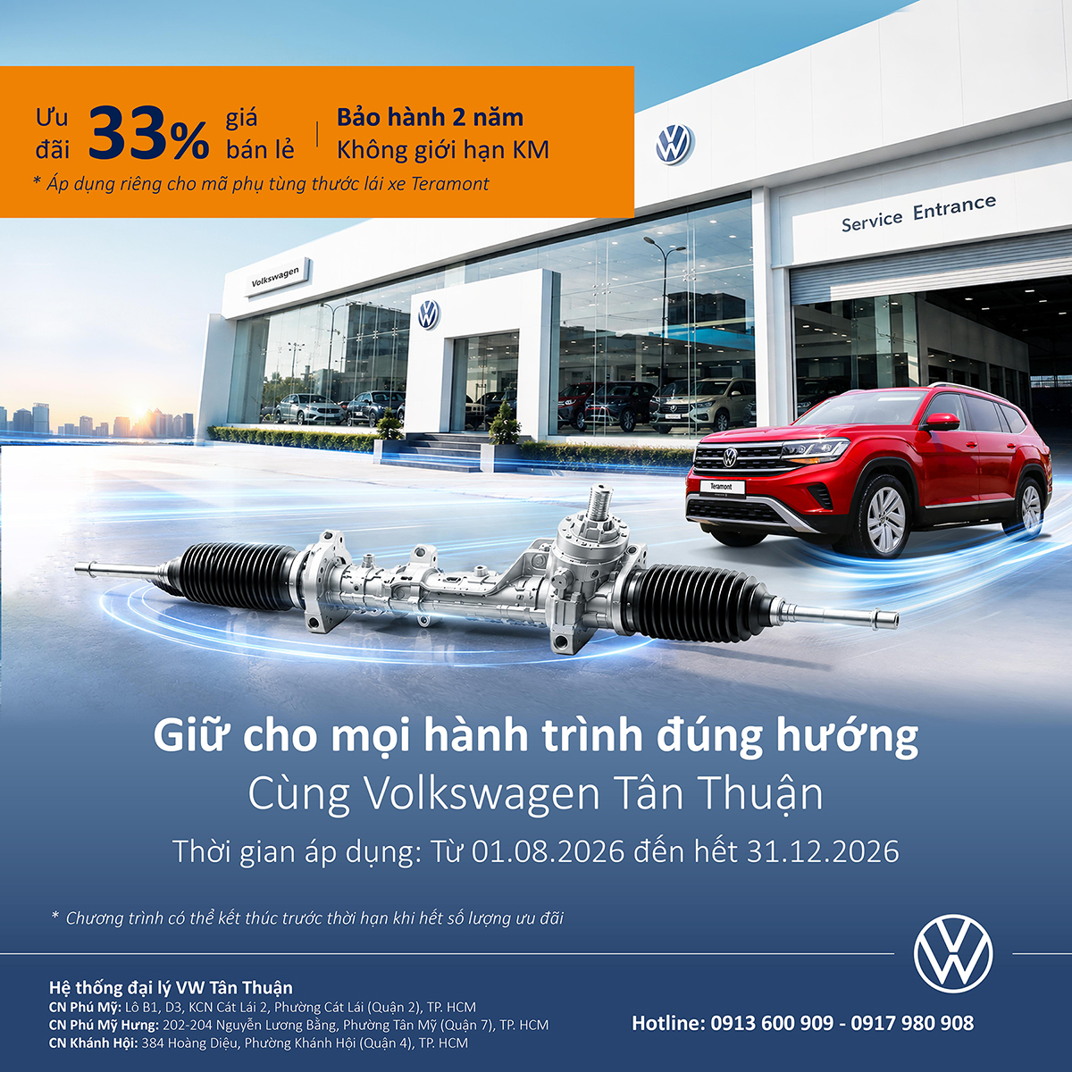 Ưu Đãi Dịch Vụ Volkswagen Teramont: Giảm 33% Phụ Tùng Thước Lái, Bảo Hành 2 Năm Không Giới Hạn Số Km 1 Ưu đãi Dịch vụ Volkswagen Teramont